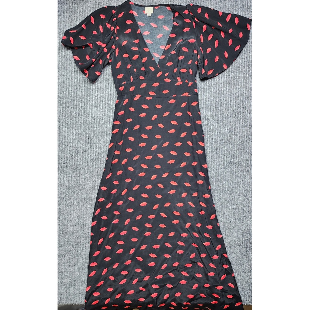 A New Day Womens Red Lips Print Maxi Dress Black V-Neck Flutter Sleeve Size 2